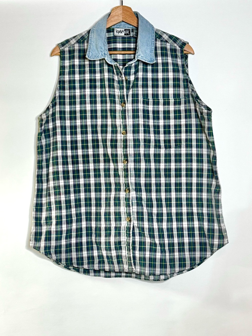 90s krazy kat Green & White Plaid Sleeveless Button-Down with Denim Collar